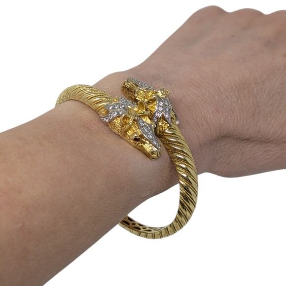 18K Gold Double Horse Head Diamond Ruby Bypass Bangle Bracelet Yellow Gold - Picture 2 of 16